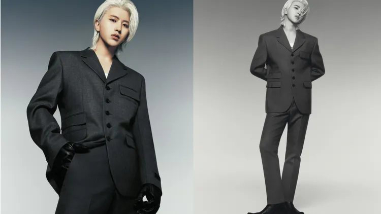 蔡徐坤搭配西裝外套、長褲、Luciano方尖頭短靴。品牌提供