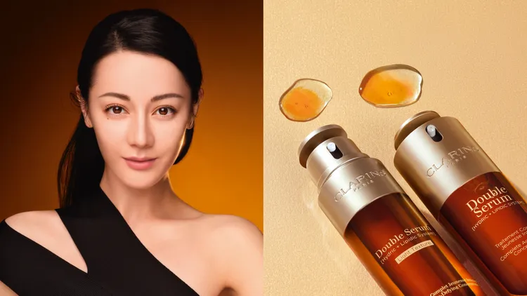 迪麗熱巴的抗老新法寶是克蘭詩全新黃金雙萃精華。品牌提供