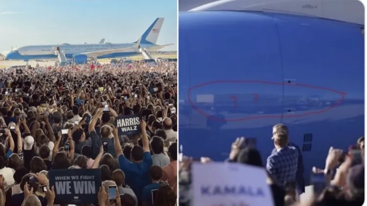 在「真實社群」上，川普發文並指控賀錦麗用AI作假接機人潮，因為在飛機的反光根本看不到人潮。翻攝自真實社交@realDonaldTrump