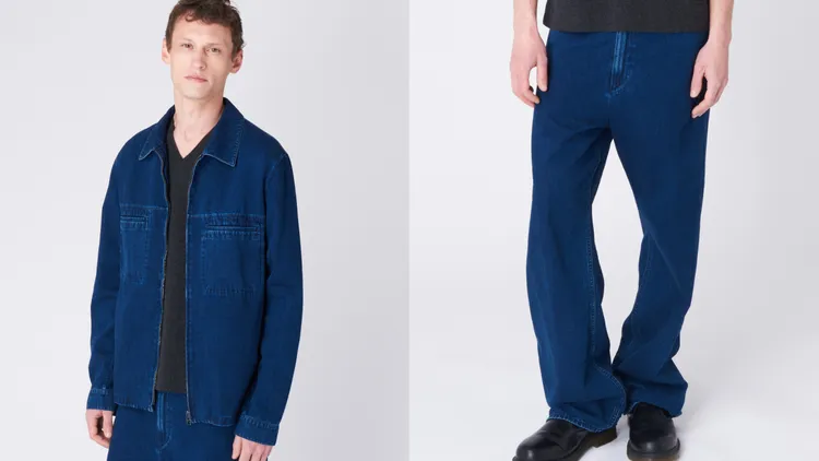 peter wu拉鍊單寧外套（左）3萬6500元、204單寧休閒褲（右）1萬8000元。品牌提供