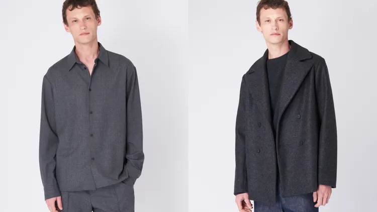 peter wu磐石灰羊毛襯衫（左）1萬8500元、鐵霧灰雙排釦短版大衣（右）4萬5500元。品牌提供