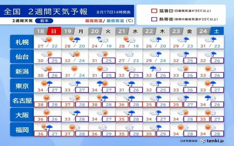 日本主要城市近兩周天氣。翻攝自日本氣象協會