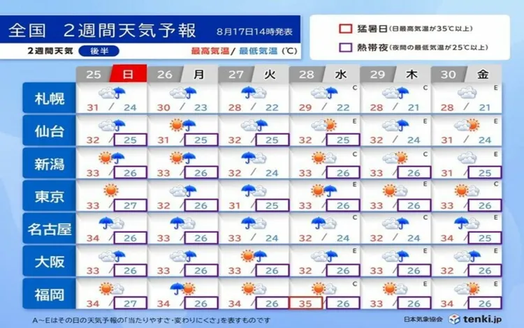 日本主要城市近兩周天氣。翻攝自日本氣象協會