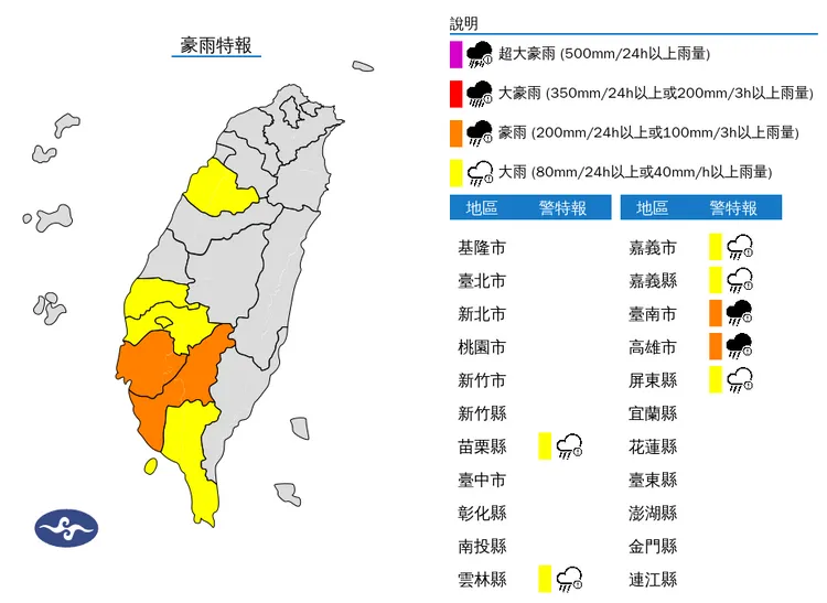 氣象署今（17）日白天針對7縣市發布豪大雨特報。中央氣象署