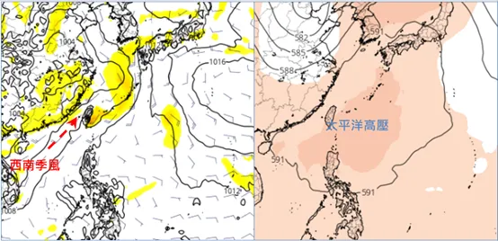 最新（16日20時）歐洲模式（ECMWF）下週一（19）850百帕模擬圖（左）顯示，西南季風通過台灣；下週三（21）500百帕模擬圖（右）顯示，太平洋高壓增強。氣象應用推廣基金會