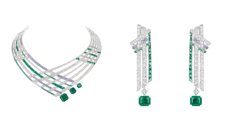 Partition鉑金及18K白金項鍊（左）約8200萬元、Partition鉑金及18K白金耳環（右）。品牌提供