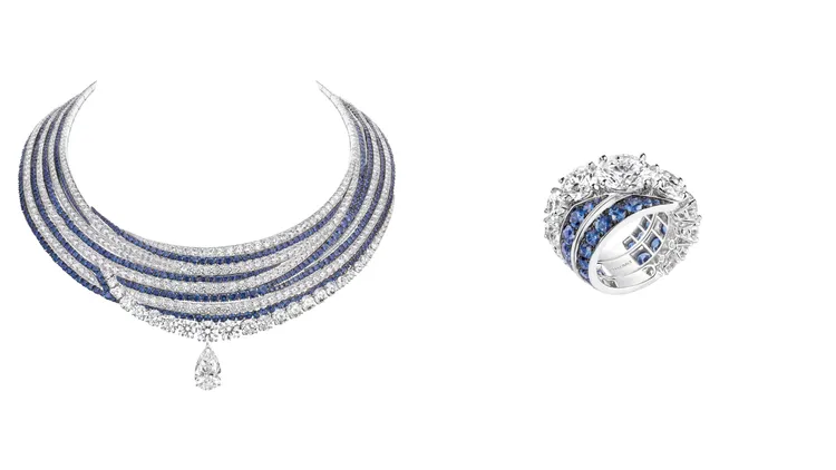 此次展覽最貴的Harmonie 18K白金項鍊（左）約1億3500元、Harmonie 18K白金戒指（右）。品牌提供