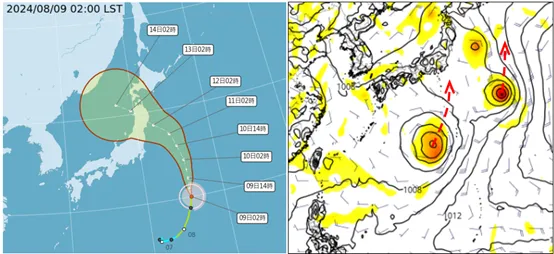 最新（9日2時）氣象署路徑潛勢預測圖顯示，輕颱「瑪莉亞」偏北行經日本東方海面，目前未脫離大低壓環流、且轉西北侵襲日本北部（左）；最新（8日20時）歐洲模式（ECMWF）模擬圖顯示，大低壓環流型態仍維持，更多擾動陸續在其中發展（右）。氣象應用推廣基金會