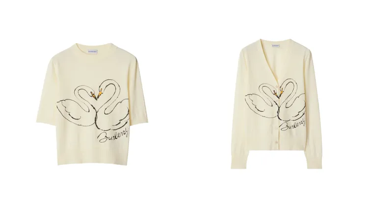 Burberry皂白色天鵝印花棉質縐綢上衣（左）3萬9900元、皂白色天鵝印花棉質縐綢開襟針織衫（右）4萬4900元。品牌提供
