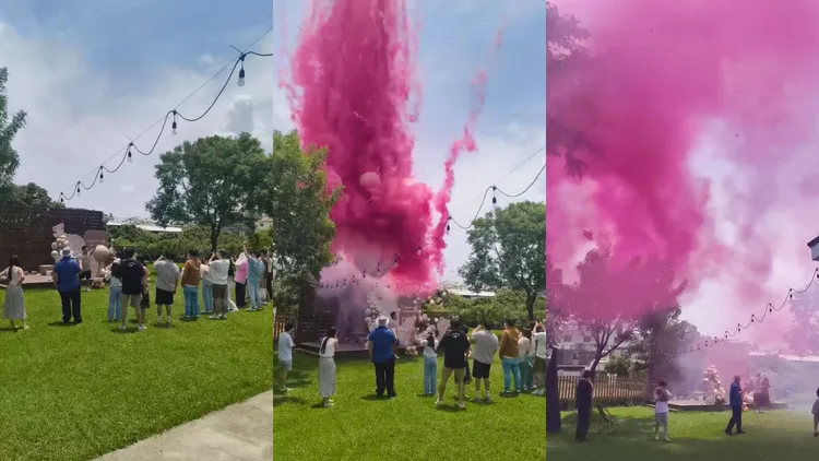 台中霧峰某間餐廳提供客人舉辦「彩煙性別趴」，結果大量粉塵嚇壞不少人。翻攝Dcard