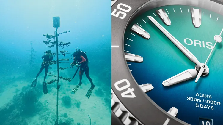 將大堡礁的蔚藍海水與陽光穿透水面的絕美畫面運用藍色漸變面盤呈現。品牌提供