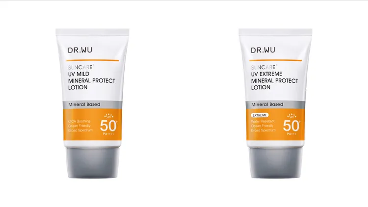 DR.WU低敏物理舒緩防曬乳SPF50+／PA++++ （左）、極效物理舒緩防曬乳SPF50+/PA+++（右），各35ml／950 元。品牌提供