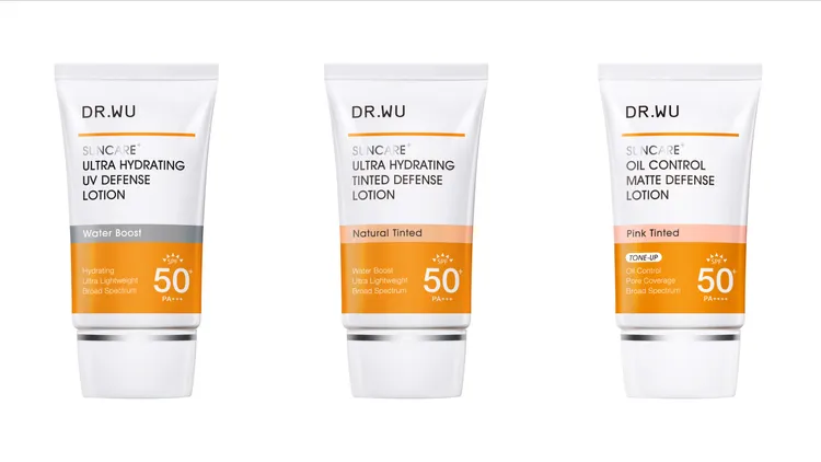 DR.WU全能保濕清爽防曬乳SPF50+／PA+++（左）、全能保濕潤色防曬乳SPF50+／PA+++（中），柔焦控油輕透防曬乳SPF50+／PA++++（右），各35ml／900元。品牌提供
