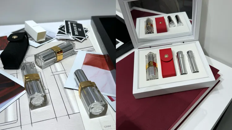 購買單支唇膏會獲得絨布珍藏套（左圖），購買禮盒（右圖）則有隨機黑、銀、紅皮革珍藏套。張家玲攝