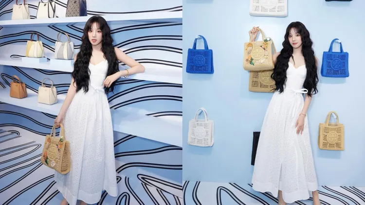 宋雨琦以鏤空吊帶連身裙搭配手工鉤編托特包，整個人相當有度假氣息。翻攝宋雨琦IG