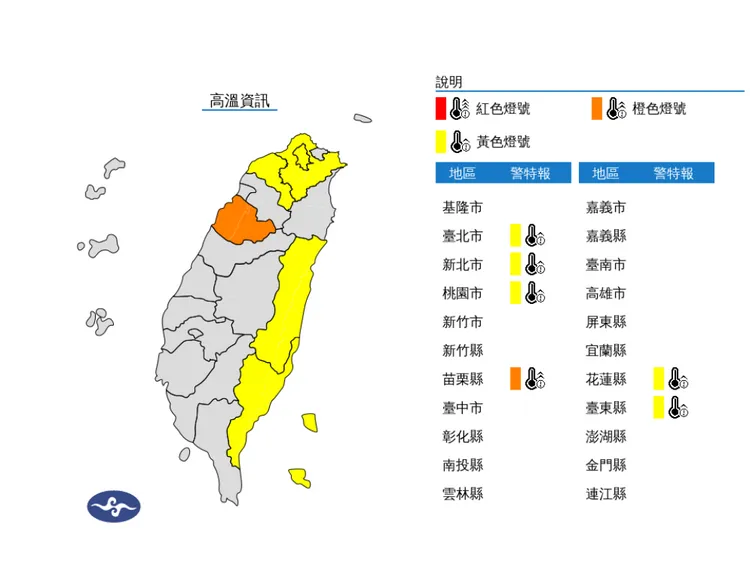 6縣市高溫警戒。氣象署提供