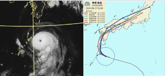 今(27)日2時真實色雲圖顯示，中颱「珊珊」已有清晰的颱風眼(左圖)。今日2時「各國官方路徑預測圖」顯示，「珊珊」受太平洋高壓的導引，在日本九州南方海面，向西北西逐漸轉北，明、後天再向東北大迴轉。各國路徑預測圖亦顯示，「珊珊」將有2次或3次登陸日本的機率(右圖)。氣象應用推廣基金會