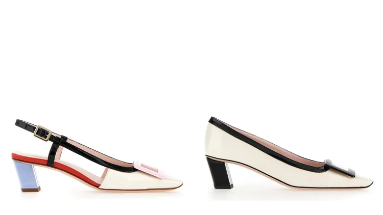 Belle Vivier馬卡龍撞色低跟鞋（左）、Belle Vivier白色滾黑邊漆皮低跟鞋（右），各3萬5800元。品牌提供