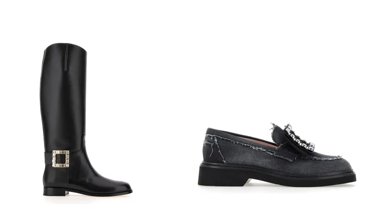 Tres Vivier 黑色鑽扣長靴（左）10萬1600元、Viv Rangers 黑丹寧鑽扣樂福鞋（右）6萬2900元。品牌提供
