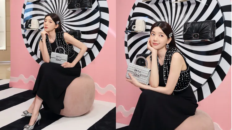 郭雪芙穿著珍珠馬甲並搭配花鑽系列的鞋、包。品牌提供