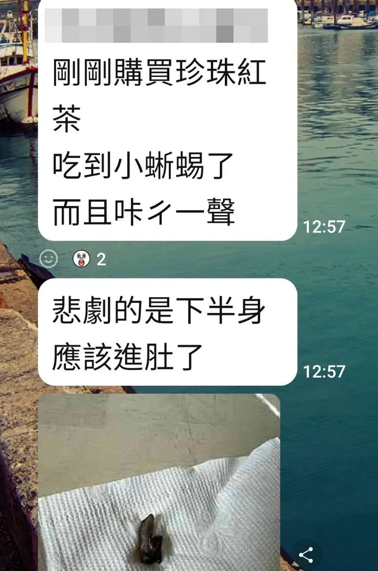 女網友在社群貼出事發經過及半截蜥蜴照。翻攝LINE社群