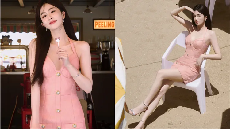 白鹿選穿BALMAIN早秋粉色繞脖吊帶裙。品牌提供