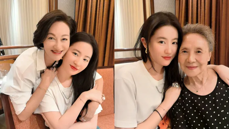 劉亦菲（左圖右、右圖左）換上簡約白色T恤演繹鬆弛感。翻攝劉亦菲微博