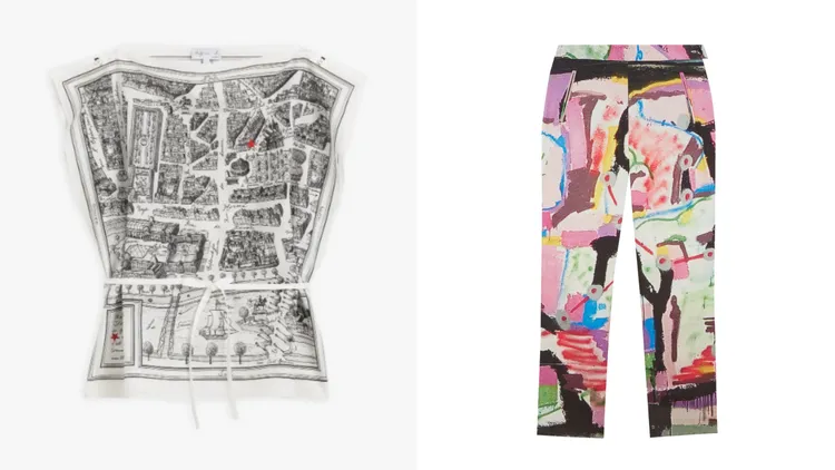 藝術家Adrian Beau設計巴黎地圖上衣（左）9980元、藝術家Bishop設計棉質絲網印刷Regate長褲（右）1萬3980元。品牌提供