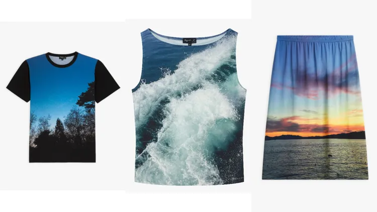 藍夜T恤（左起）6280元、Photoprints《Vagues》浪花背心6280元、Photoprints《Coucher de soleil》長裙8980元。品牌提供