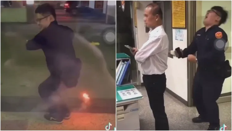 彰化黃姓警員即將離職前，自行將多段穿制服屁眼插仙女棒、飲酒唱歌、做事空幹等脫序舉動影片PO網。翻攝自臉書「爆廢公社二館」