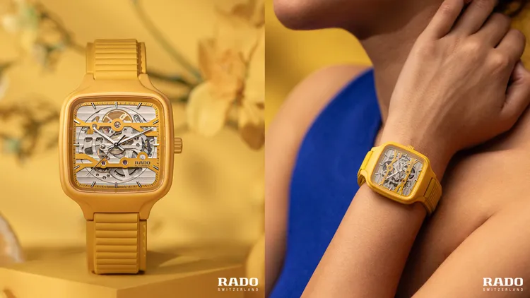 RADO True Square真我方形系列鏤空腕錶，38 x 44.2mm，霧面黃色高科技陶瓷錶殼，雙層錶盤，黃色橡膠錶帶，R808型自動機械機心，動力儲存80小時，防水深度50米，8萬1000元。品牌提供
