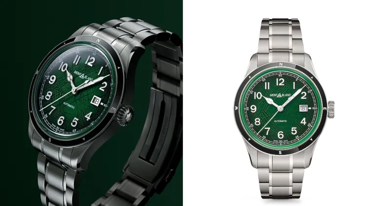 萬寶龍1858系列日期顯示自動零氧腕錶，41mm，無氧精鋼錶殼，暈染綠色冰川圖案錶盤，精鋼錶鍊，MB 24.17自動上鍊機芯，動力儲存38小時，防水深度100米，10萬7500元。品牌提供
