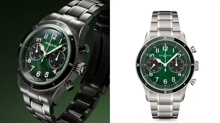 萬寶龍1858系列自動計時零氧腕錶，42mm，無氧精鋼錶殼，暈染綠色冰川圖案錶盤，精鋼錶鍊，MB 25.13自動計時機芯，動力儲存48小時，防水深度100米，17萬1400元。品牌提供
