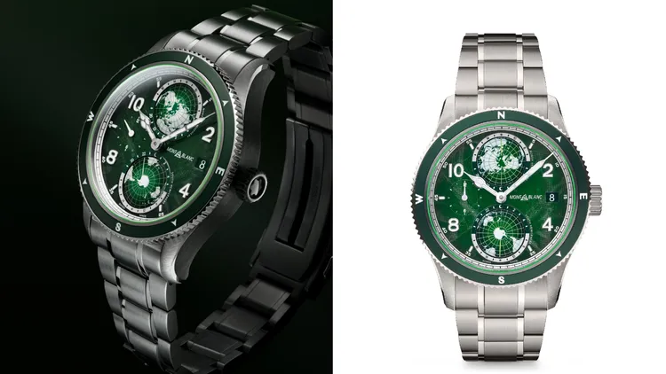 萬寶龍1858系列Geosphere世界時間零氧腕錶，42mm，無氧精鋼錶殼，暈染綠色冰川圖案錶盤，V型精鋼鍊帶，MB 29.25自製世界時間複雜功能機芯，動力儲存42小時，防水深度100米，24萬5300元。品牌提供