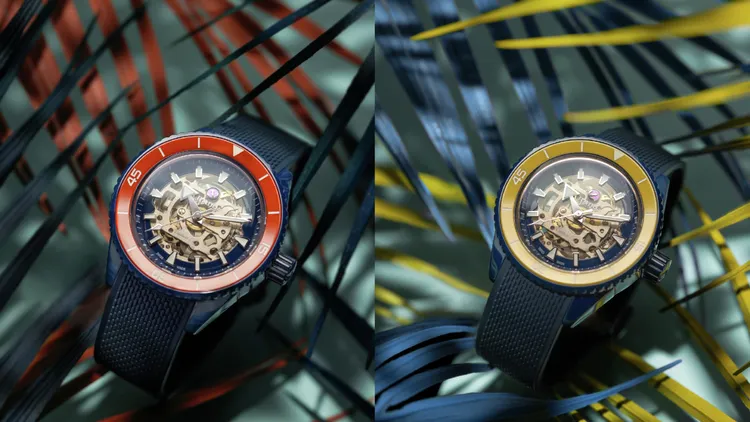 RADO Captain Cook庫克船長鏤空腕錶，43mm，拋光海軍藍色高科技陶瓷錶殼，拋光藍色藍寶石水晶錶盤，霧面海軍藍色橡膠錶帶，R808自動機械機芯，動力儲存80小時，防水深度300米，限量262只，各14萬7300元。品牌提供
