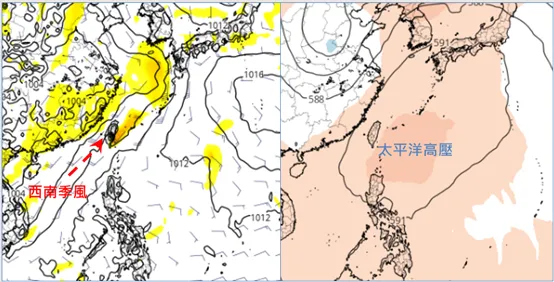 最新（15日20時）歐洲模式（ECMWF）下週一（19）850百帕模擬圖（左）顯示，西南季風通過台灣；下週三（21）500百帕模擬圖（右）顯示，太平洋高壓增強。氣象應用推廣基金會