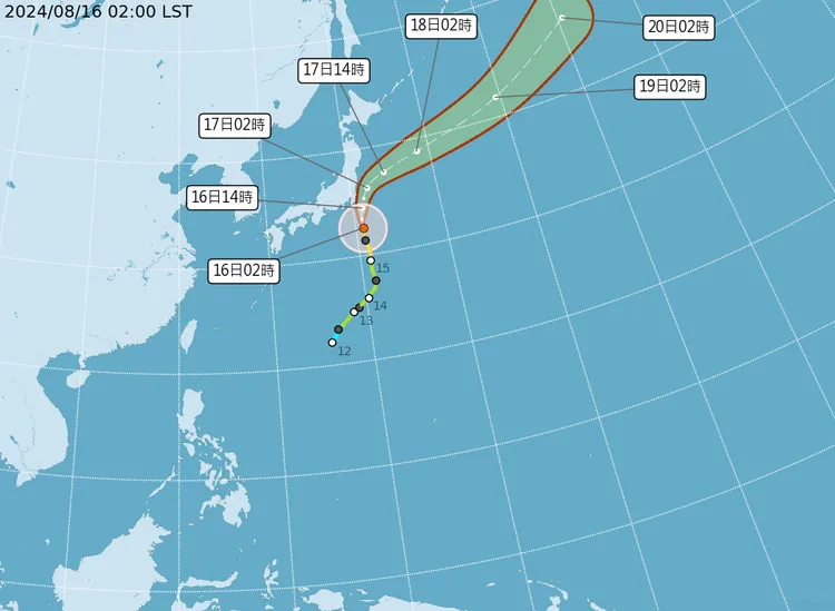 颱風「安比」最新（16日2時）預測路徑。中央氣象署
