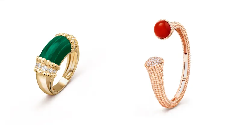 梵克雅寶Perlée couleurs戒指（左圖）18K黃金、孔雀石與鑽石，29萬4000元；Perlée couleurs手鐲（右圖）18K玫瑰金、紅玉髓與鑽石，69萬5000元。品牌提供