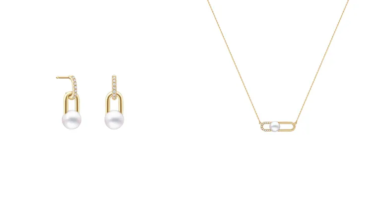 TASAKI fine links耳環（左圖）18K黃金、阿古屋珍珠、鑽石，11萬4000元；fine links項鍊（右圖）18K黃金、阿古屋珍珠、鑽石，11萬1000元。品牌提供