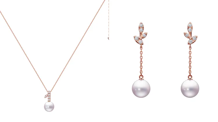 TASAKI kugel項鍊（左圖）18K櫻花金、阿古屋珍珠、鑽石，8萬500元；kugel耳環（右圖）18K櫻花金、阿古屋珍珠、鑽石，6萬6500元。品牌提供