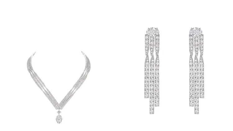 Voltige 18K白金可轉換式項鍊（左圖），鑲嵌1顆10.18克拉橢圓形切割D FL IIA型鑽石，2顆方形祖母綠切割E VVS2鑽石，分別為1.51和0.70克拉，明亮式切割鑽石；18K白金可轉換式耳環（右圖），鑲嵌2顆橢圓形切割D VVS1鑽石，分別為2.54和2.51克拉，以及明亮式切割鑽石。品牌提供