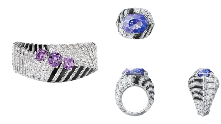 Swing 18K白金手環（左圖），鑲嵌2顆錫蘭枕形切割紫粉色剛玉，分別為5.86和3.40克拉，1顆3.37克拉馬達加斯加枕形切割粉色剛玉，縞瑪瑙和明亮式切割鑽石；18K白金戒指（右圖），鑲嵌1顆21.24克拉錫蘭產枕形切割藍紫色剛玉，縞瑪瑙和明亮式切割鑽石。品牌提供
