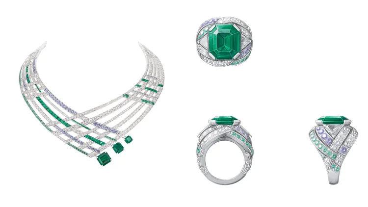 Partition 18K白金和鉑金項鍊（左圖），鑲嵌3顆哥倫比亞產祖母綠切割祖母綠，分別為8.63、4.78和1.61 克拉，圓形祖母綠，圓形藍寶石和明亮式切割鑽石，8200萬元；鉑金戒指（右圖）鑲嵌1顆10.73克拉哥倫比亞產祖母綠切割祖母綠，圓形祖母綠和藍寶石，三角形切割和明亮式切割鑽石。品牌提供