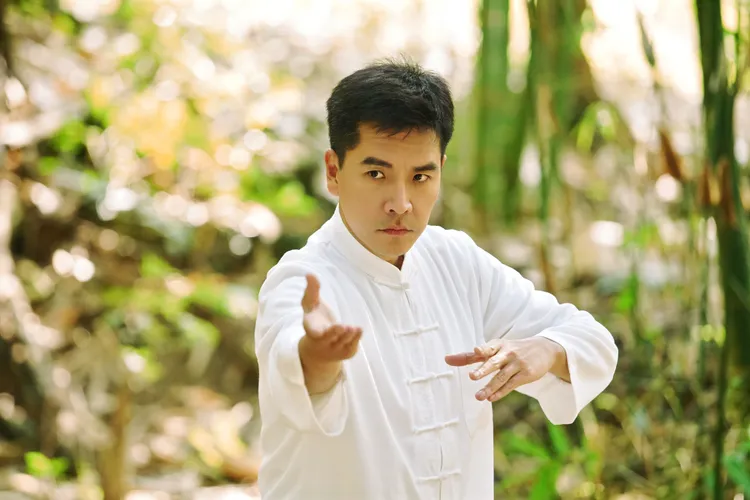 王傳一三語言交替講，連太極拳都要練。大愛電視提供