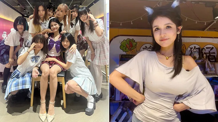 狗頭蘿莉從網紅轉戰路邊攤賣煎餅，照樣人氣火爆。翻攝自狗頭蘿莉微博