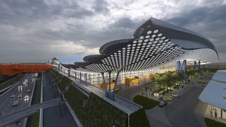 桃機第三航廈已可見到波浪造型屋頂，目前總體工程進度約42.3%。圖取自桃園機場網站