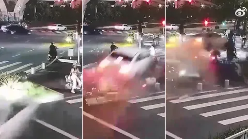 驚悚影片｜轎車暴衝變飛天兇器　騎士分隔島停紅燈被殺2死5傷