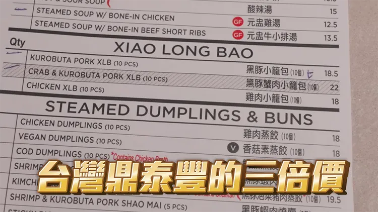 紐約鼎泰豐的價格符合當地價位，大約是台灣價格的3倍。翻攝自Joeman YouTube