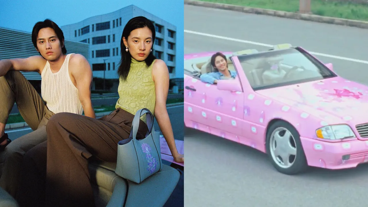 范少勳（左圖左）拍攝MOYNAT七夕系列形象片，還搭上「粉紅超跑」談戀愛。品牌提供