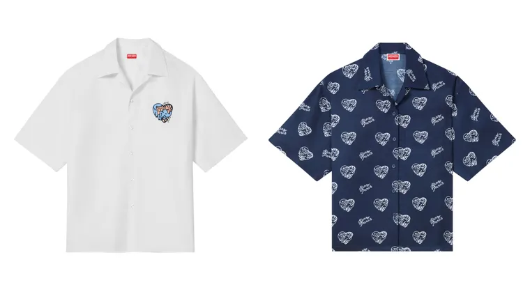 KENZO JUNGLE LOVE白色夏威夷短袖襯衫（左）1萬3800元、JUNGLE LOVE星夜藍滿版短袖襯衫（右）1萬7800元。品牌提供